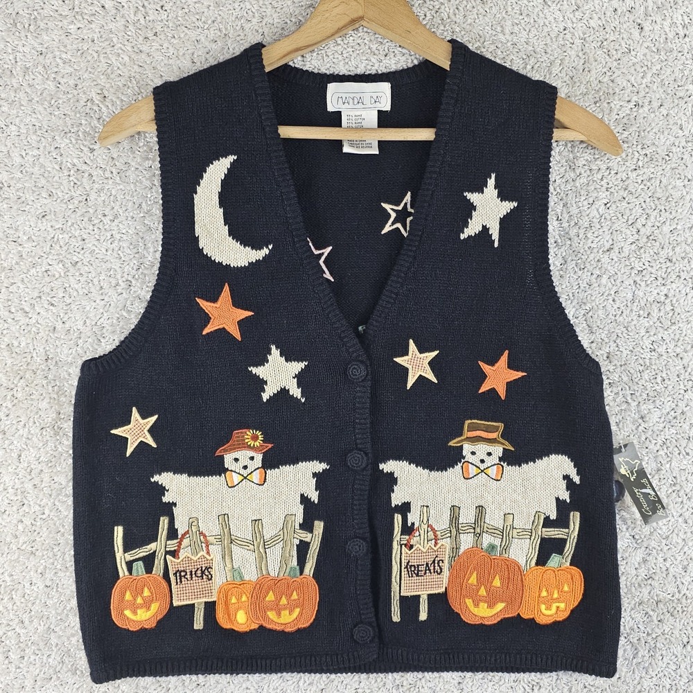 Vintage Mandal Bay Halloween Sweater Vest Sz Medium Embroidered Knit Ghosts NOS